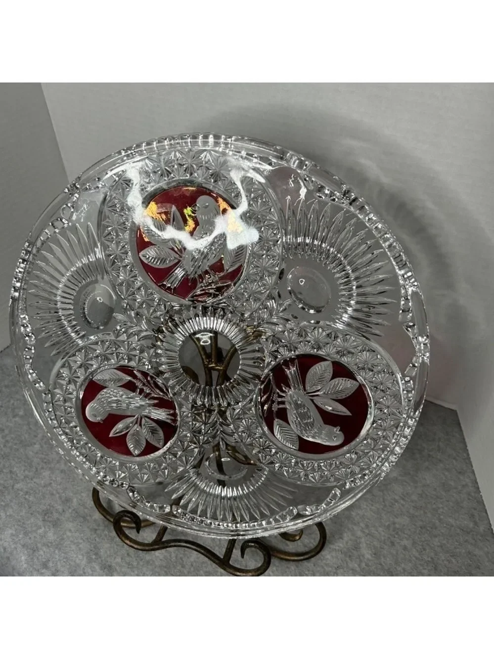 Amaris Nachtmann Etched Crystal Red Bird Design Cake Plate 12” No Flaws Stunning
